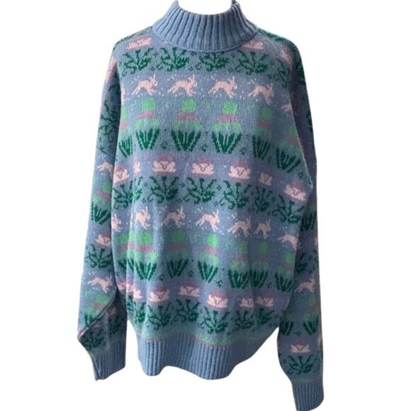 VINTAGE 80’s Pierre Cardin Blue and Green Bunny print Mock Neck Sweater Size XL - Picture 9 of 9